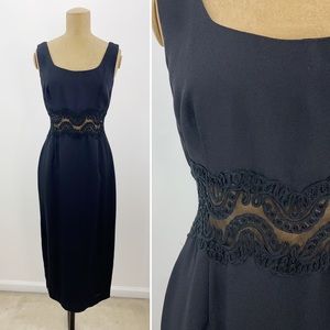 Vintage 90s Maggy London Black Sleeveless Lace Cut Out Sheath Midi Dress
